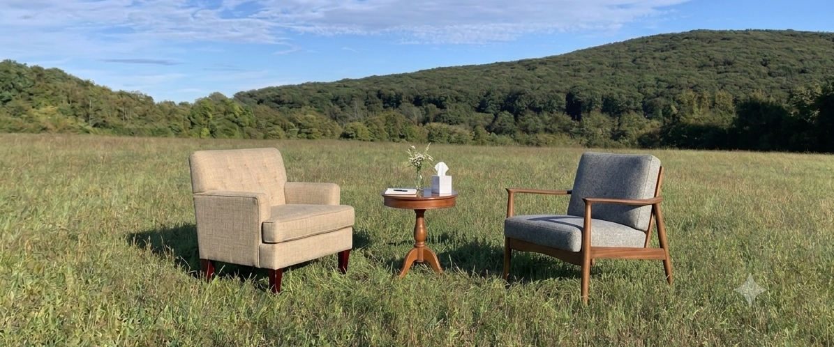 Zwei Sessel mit kleinem Beistelltisch stehen einander gegenüber auf einer sommerlichen Wiese vor bewaldeten Hügeln